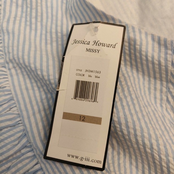 Jessica Howard NEW Dress White Blue Pinstripe Sleeveless Ruffle Neck Size 12 - Picture 4 of 7